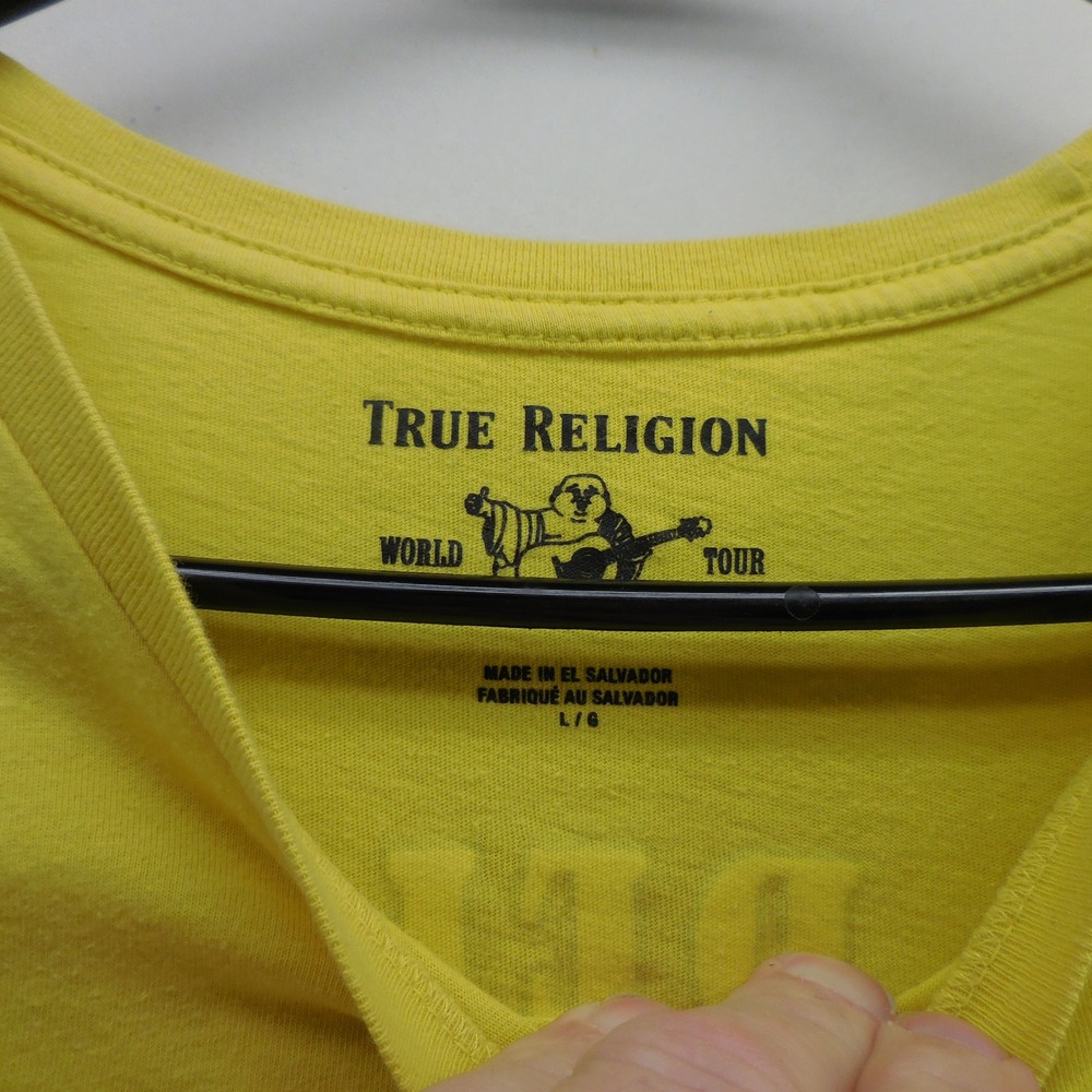 True Religion Mens Yellow World Tour Buddha Guitar Graphic T-Shirt Size Large - Picture 4 of 5